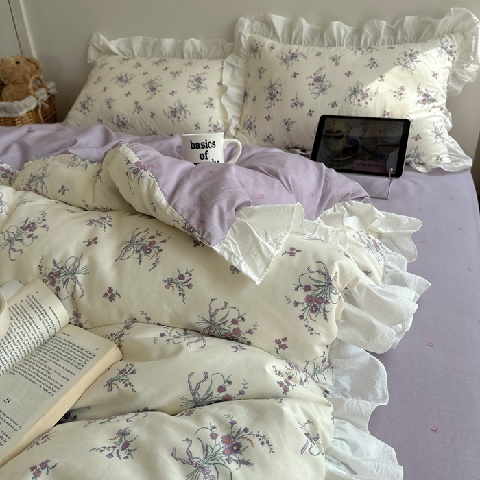 91家纺网 家纺一手货源 找家纺 （总）六巷胡同 2025新款40支全棉韩式INS博主风小碎花花边四件套-风格二