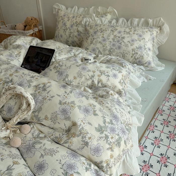 91家纺网 家纺一手货源 找家纺 （总）六巷胡同 2025新款40支全棉韩式INS博主风小碎花花边四件套-风格二