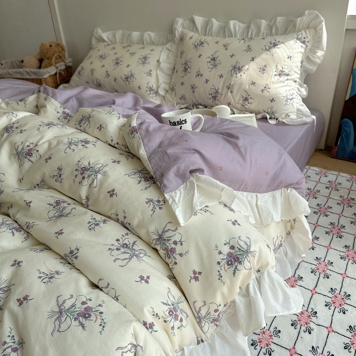 91家纺网 家纺一手货源 找家纺 六巷胡同 2025新款40支全棉韩式INS博主风小碎花花边四件套-风格二 堇色