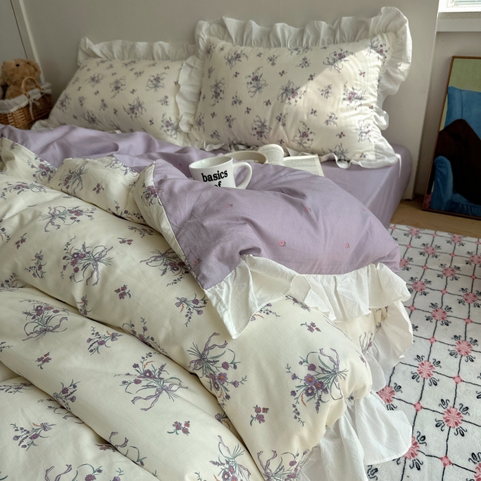 91家纺网 家纺一手货源 找家纺 六巷胡同 2025新款40支全棉韩式INS博主风小碎花花边四件套-风格二 堇色