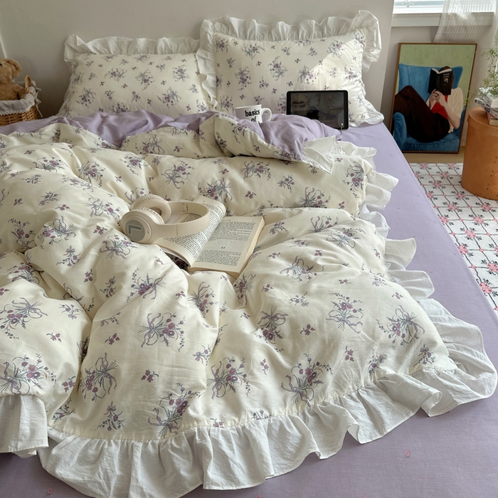 91家纺网 家纺一手货源 找家纺 六巷胡同 2025新款40支全棉韩式INS博主风小碎花花边四件套-风格二 堇色