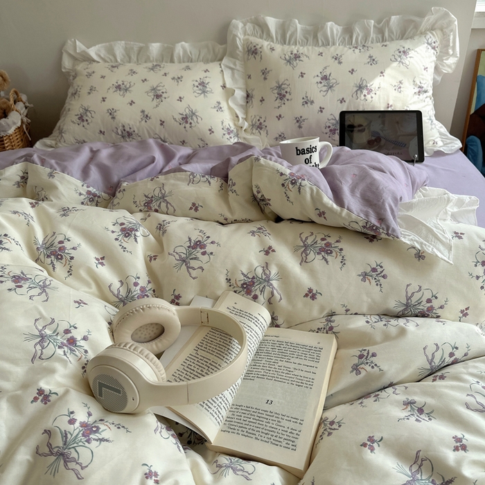 91家纺网 家纺一手货源 找家纺 六巷胡同 2025新款40支全棉韩式INS博主风小碎花花边四件套-风格二 堇色