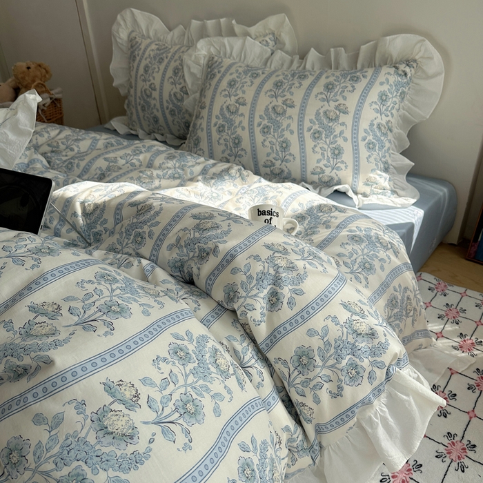 91家纺网 家纺一手货源 找家纺 六巷胡同 2025新款40支全棉韩式INS博主风小碎花花边四件套-风格二 觅夏