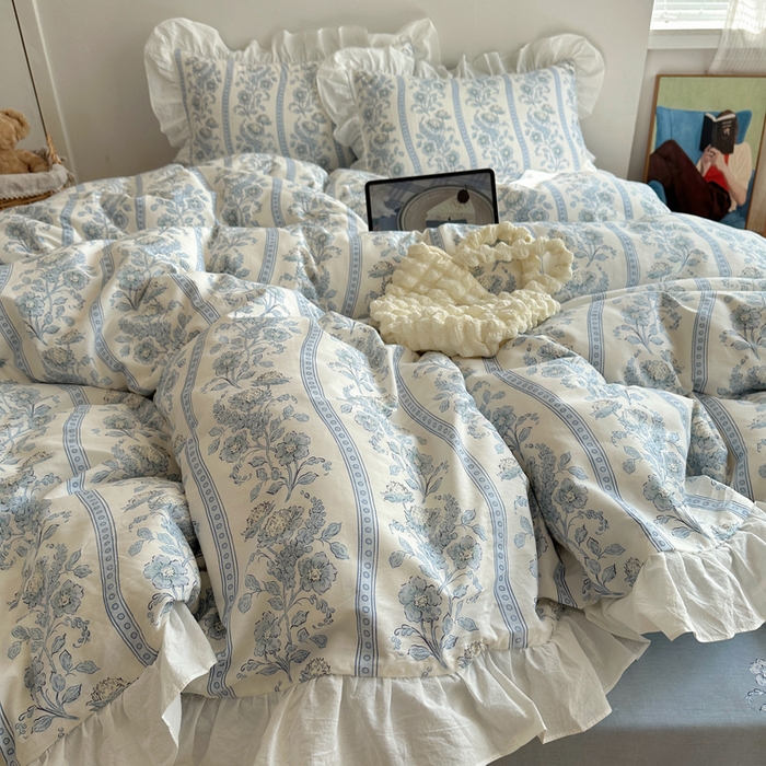 91家纺网 家纺一手货源 找家纺 六巷胡同 2025新款40支全棉韩式INS博主风小碎花花边四件套-风格二 觅夏