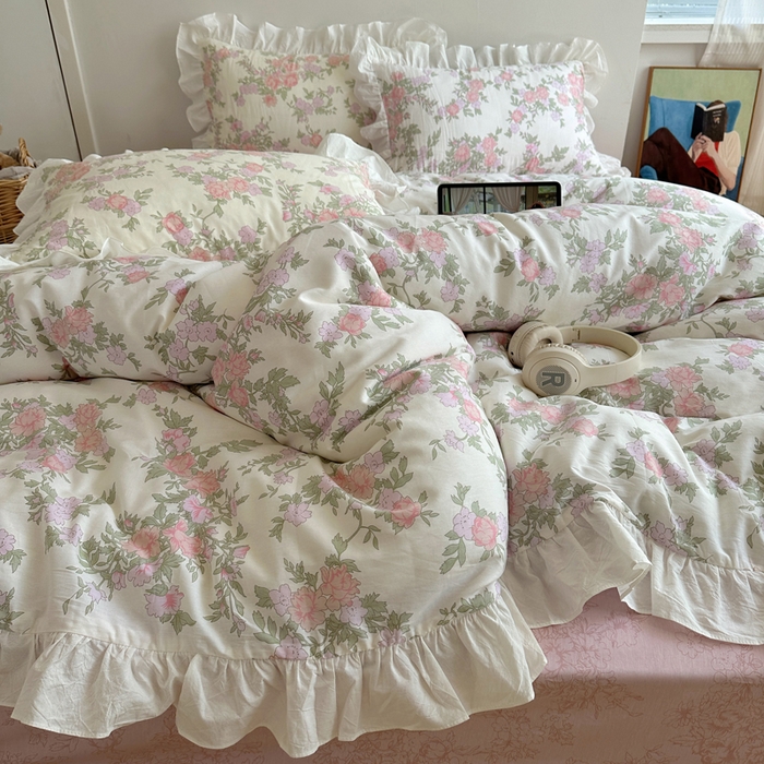 91家纺网 家纺一手货源 找家纺 六巷胡同 2025新款40支全棉韩式INS博主风小碎花花边四件套-风格二 南笙