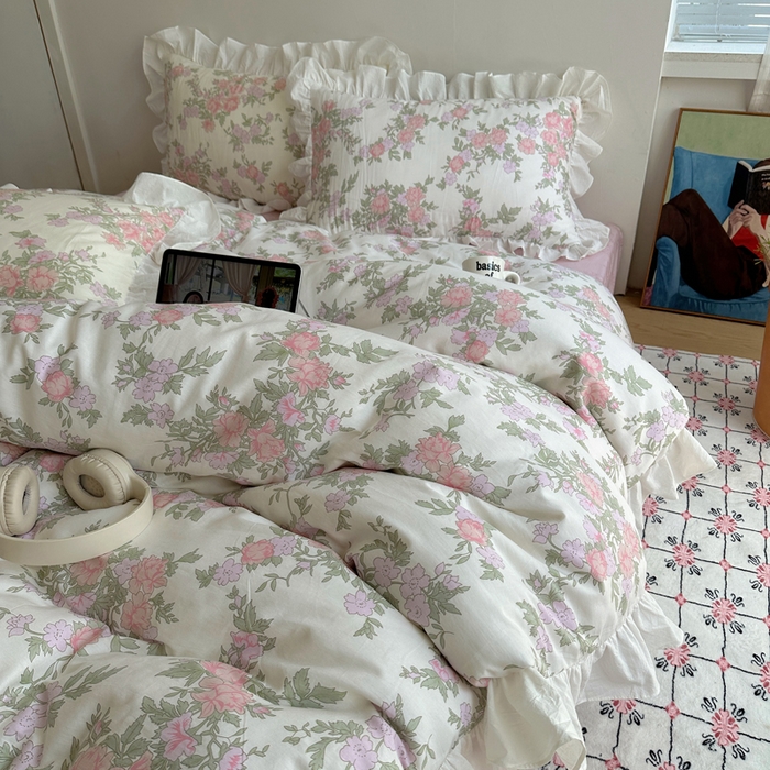 91家纺网 家纺一手货源 找家纺 六巷胡同 2025新款40支全棉韩式INS博主风小碎花花边四件套-风格二 南笙