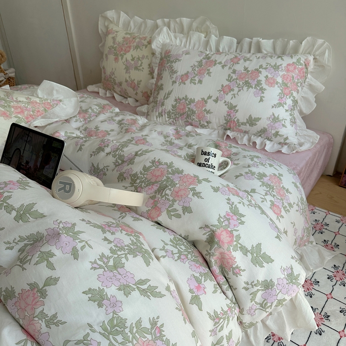 91家纺网 家纺一手货源 找家纺 六巷胡同 2025新款40支全棉韩式INS博主风小碎花花边四件套-风格二 南笙