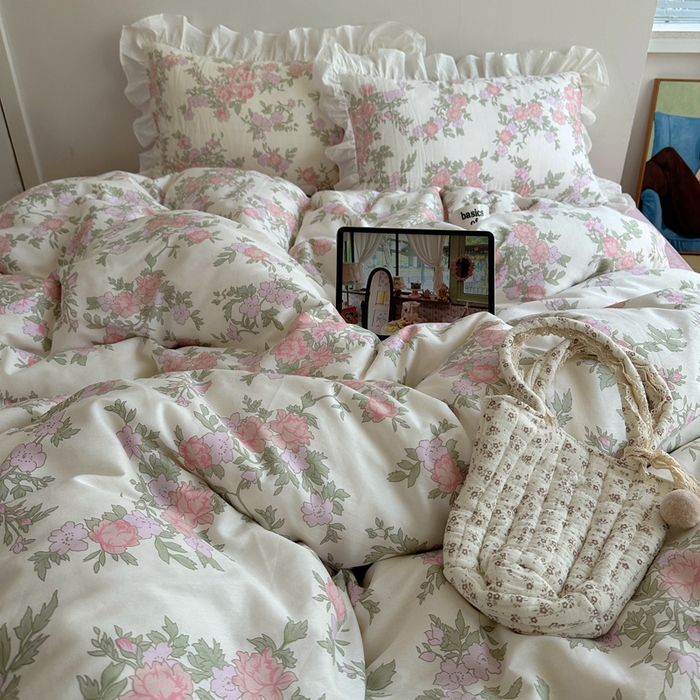 91家纺网 家纺一手货源 找家纺 六巷胡同 2025新款40支全棉韩式INS博主风小碎花花边四件套-风格二 南笙