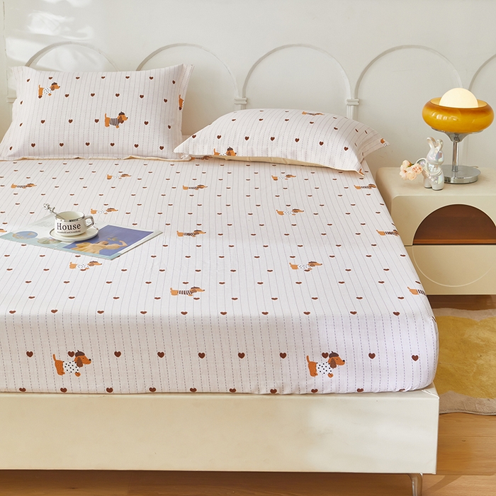 91家纺网 家纺一手货源 找家纺 乐居家纺 2025新款活性印染老粗布床笠系列 爱心狗