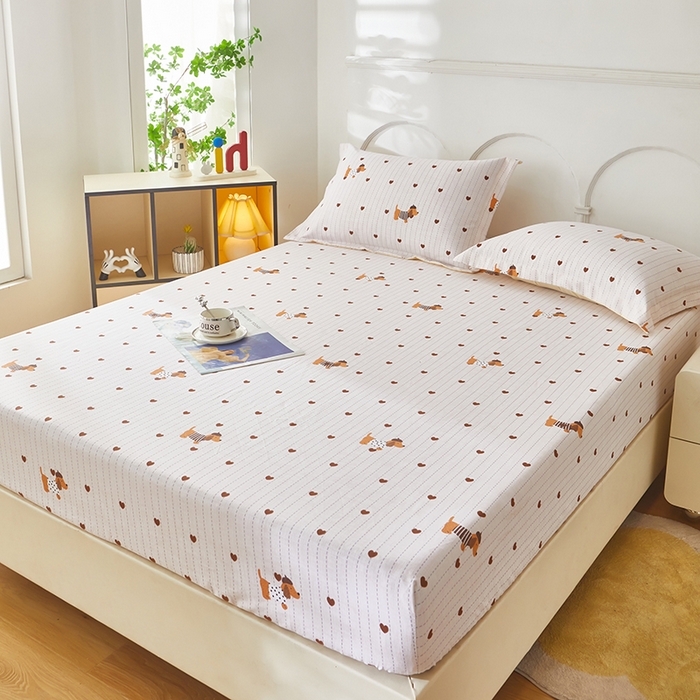 91家纺网 家纺一手货源 找家纺 乐居家纺 2025新款活性印染老粗布床笠系列 爱心狗