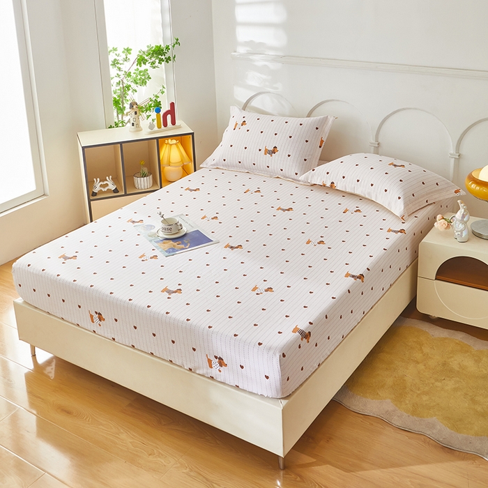 91家纺网 家纺一手货源 找家纺 乐居家纺 2025新款活性印染老粗布床笠系列 爱心狗