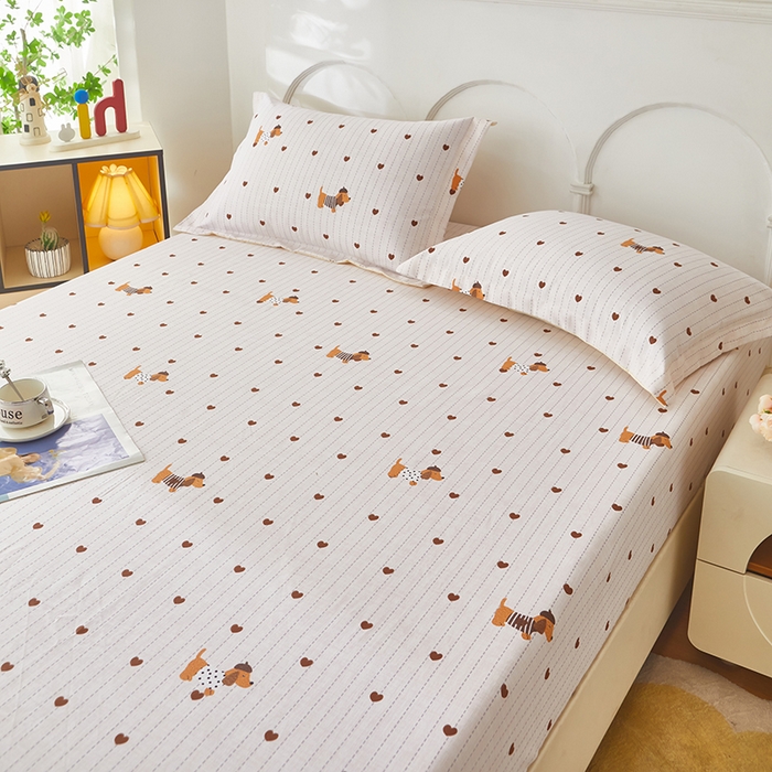 91家纺网 家纺一手货源 找家纺 乐居家纺 2025新款活性印染老粗布床笠系列 爱心狗