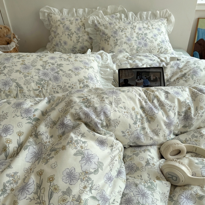 91家纺网 家纺一手货源 找家纺 六巷胡同 2025新款40支全棉韩式INS博主风小碎花花边四件套-风格二 知春