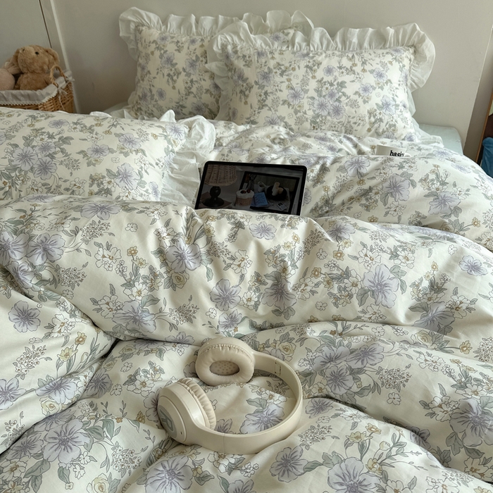 91家纺网 家纺一手货源 找家纺 六巷胡同 2025新款40支全棉韩式INS博主风小碎花花边四件套-风格二 知春