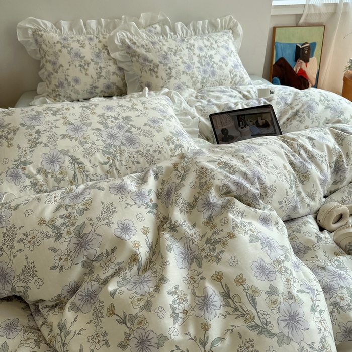 91家纺网 家纺一手货源 找家纺 六巷胡同 2025新款40支全棉韩式INS博主风小碎花花边四件套-风格二 知春