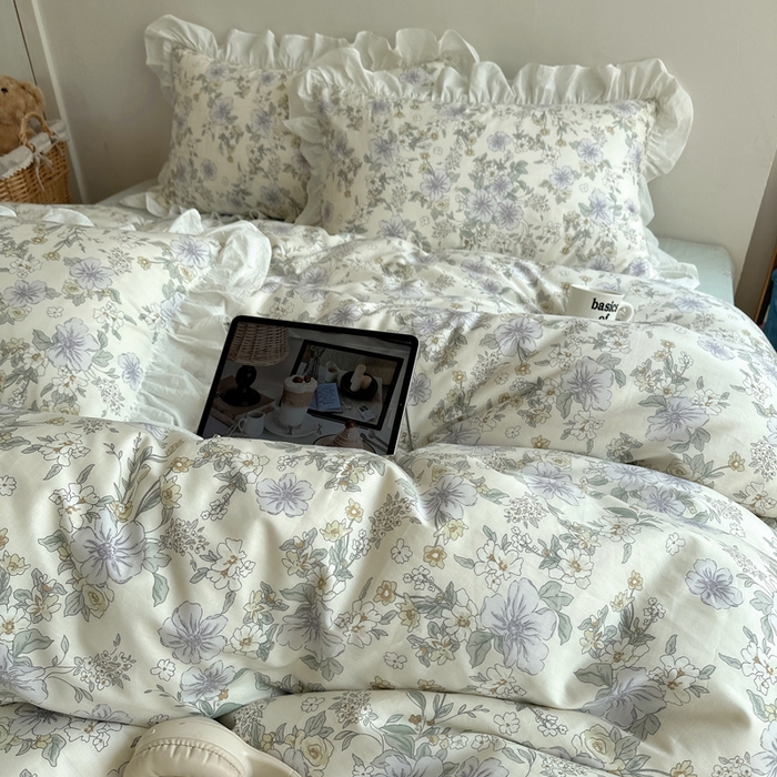 91家纺网 家纺一手货源 找家纺 六巷胡同 2025新款40支全棉韩式INS博主风小碎花花边四件套-风格二 知春