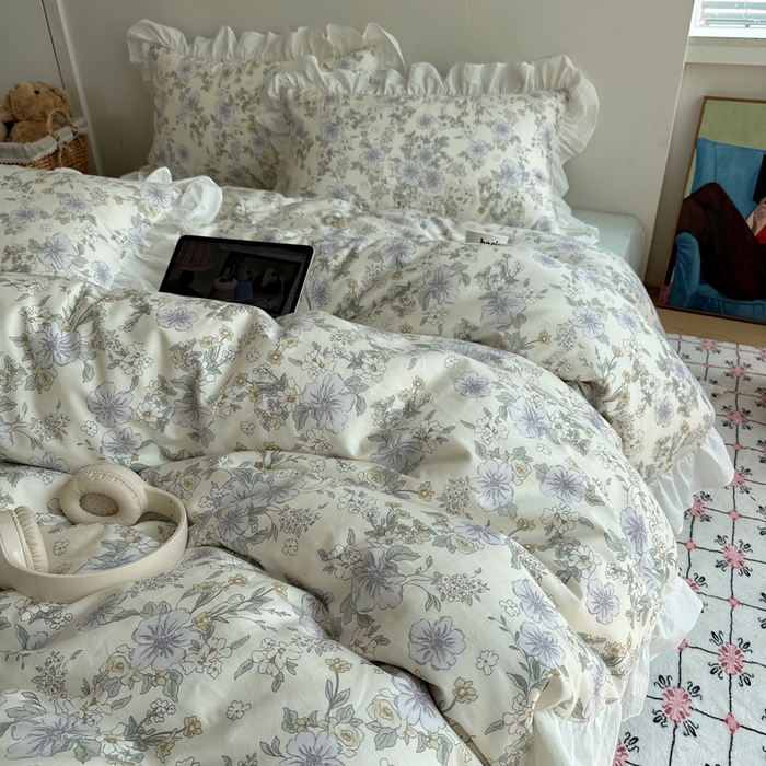 91家纺网 家纺一手货源 找家纺 六巷胡同 2025新款40支全棉韩式INS博主风小碎花花边四件套-风格二 知春