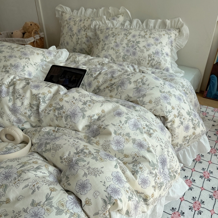 91家纺网 家纺一手货源 找家纺 六巷胡同 2025新款40支全棉韩式INS博主风小碎花花边四件套-风格二 知春