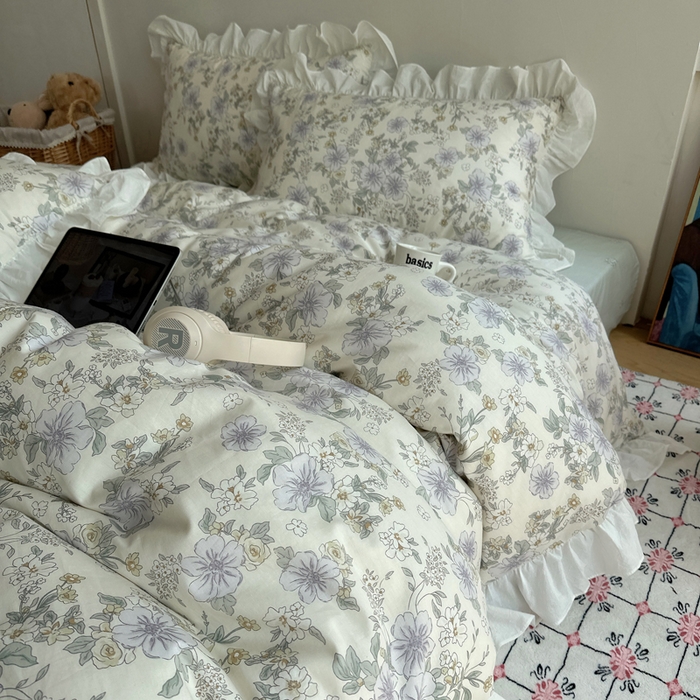 91家纺网 家纺一手货源 找家纺 六巷胡同 2025新款40支全棉韩式INS博主风小碎花花边四件套-风格二 知春