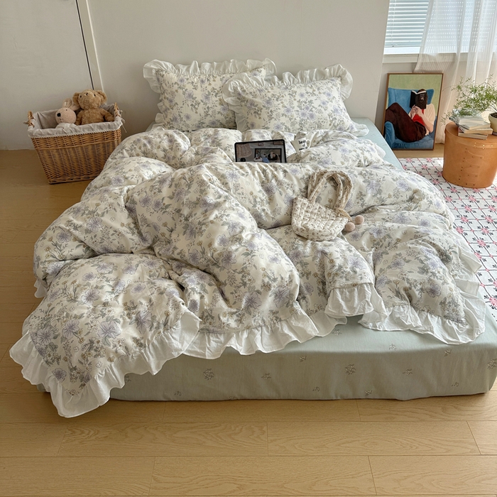 91家纺网 家纺一手货源 找家纺 六巷胡同 2025新款40支全棉韩式INS博主风小碎花花边四件套-风格二 知春