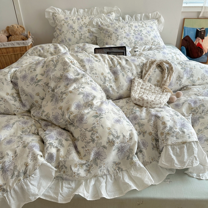 91家纺网 家纺一手货源 找家纺 六巷胡同 2025新款40支全棉韩式INS博主风小碎花花边四件套-风格二 知春