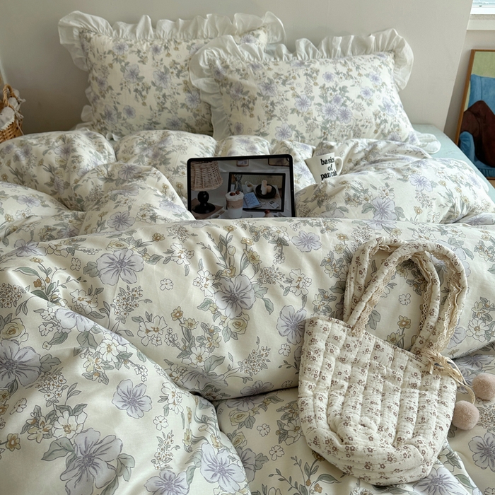 91家纺网 家纺一手货源 找家纺 六巷胡同 2025新款40支全棉韩式INS博主风小碎花花边四件套-风格二 知春