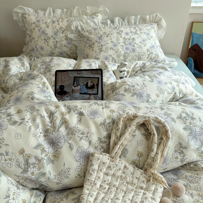 91家纺网 家纺一手货源 找家纺 六巷胡同 2025新款40支全棉韩式INS博主风小碎花花边四件套-风格二 知春