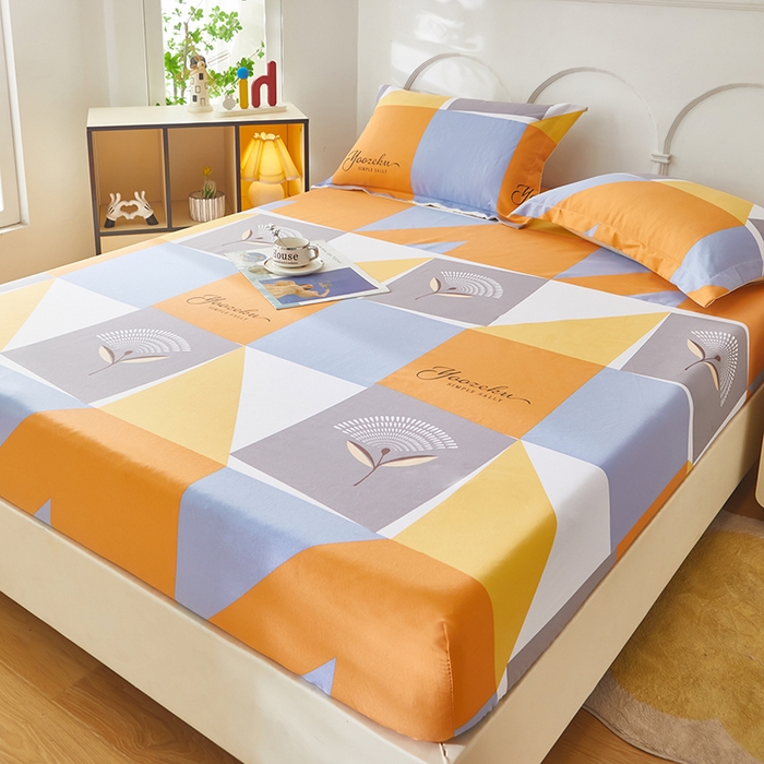 91家纺网 家纺一手货源 找家纺 乐居家纺 2025新款活性印染老粗布床笠系列 橘色夏日