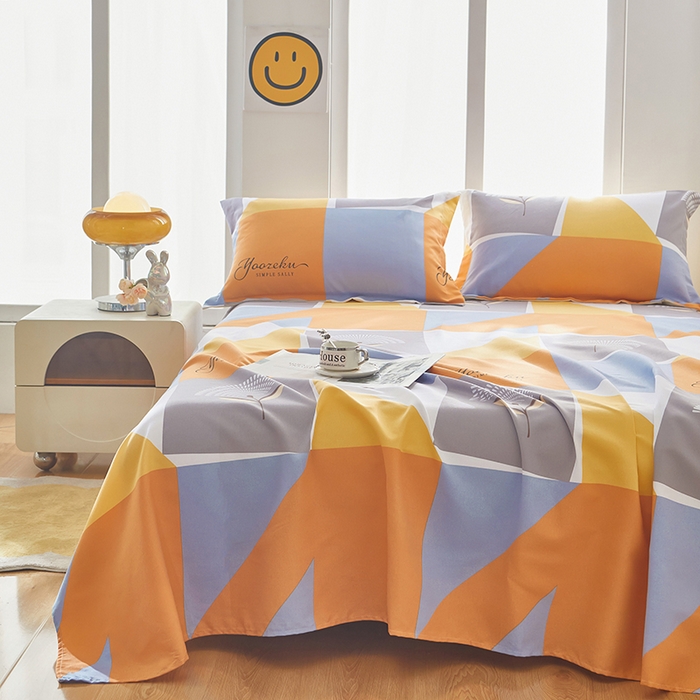 91家纺网 家纺一手货源 找家纺 乐居家纺 2025新款活性印染全棉老粗布床单系列 橘色夏日