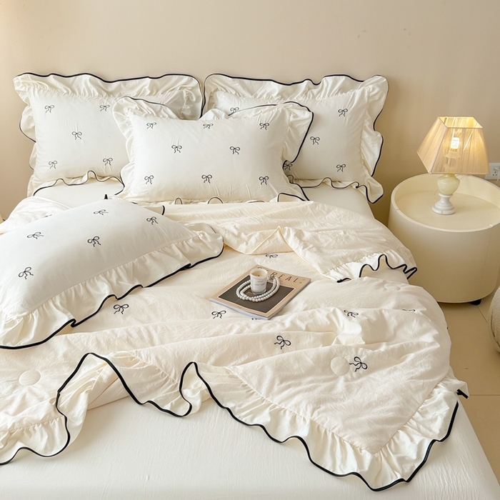 91家纺网 家纺一手货源 找家纺 米可 2025新款A类刺绣云朵棉夏被四件套 蝴蝶结-白