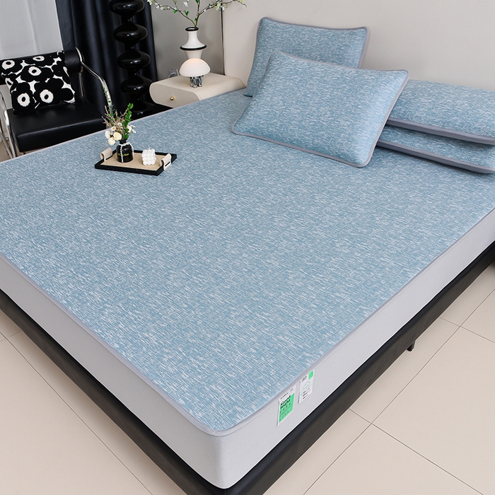 91家纺网 家纺一手货源 找家纺 芯诗曼家纺 2025新款三明治凉感丝提花冰丝席凉席三件套 莫兰-蓝灰床笠款