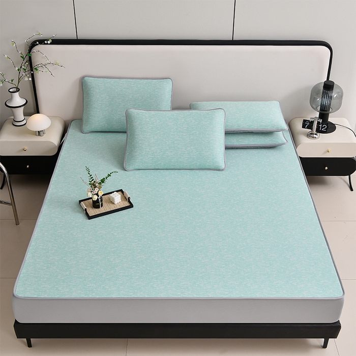 91家纺网 家纺一手货源 找家纺 芯诗曼家纺 2025新款三明治凉感丝提花冰丝席凉席三件套 莫兰-绿床笠款