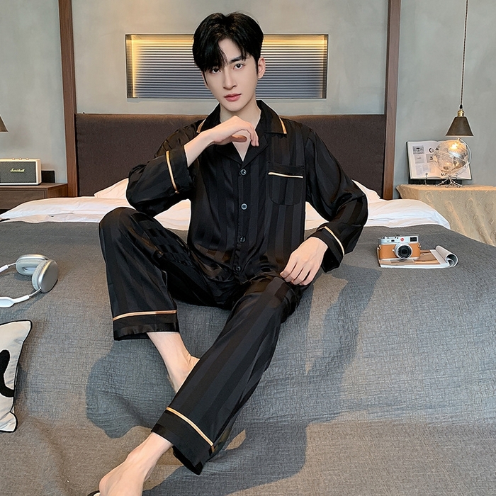 91家纺网 家纺一手货源 找家纺 （总）洛兰沙家居馆【只代发】【只代发】 2025新款男士冰丝高级感睡衣翻领男士宽松款休闲可外出夏季居家