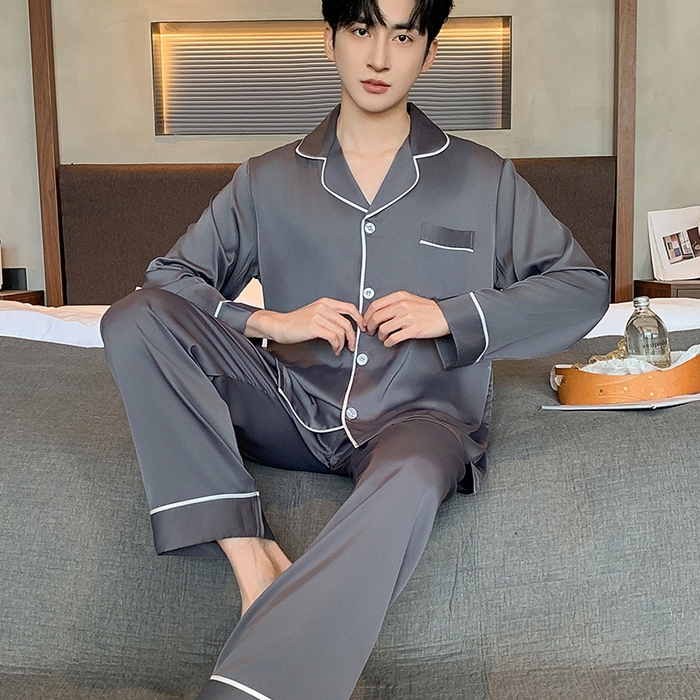 91家纺网 家纺一手货源 找家纺 （总）洛兰沙家居馆【只代发】【只代发】 2025新款男士冰丝高级感睡衣翻领男士宽松款休闲可外出夏季居家