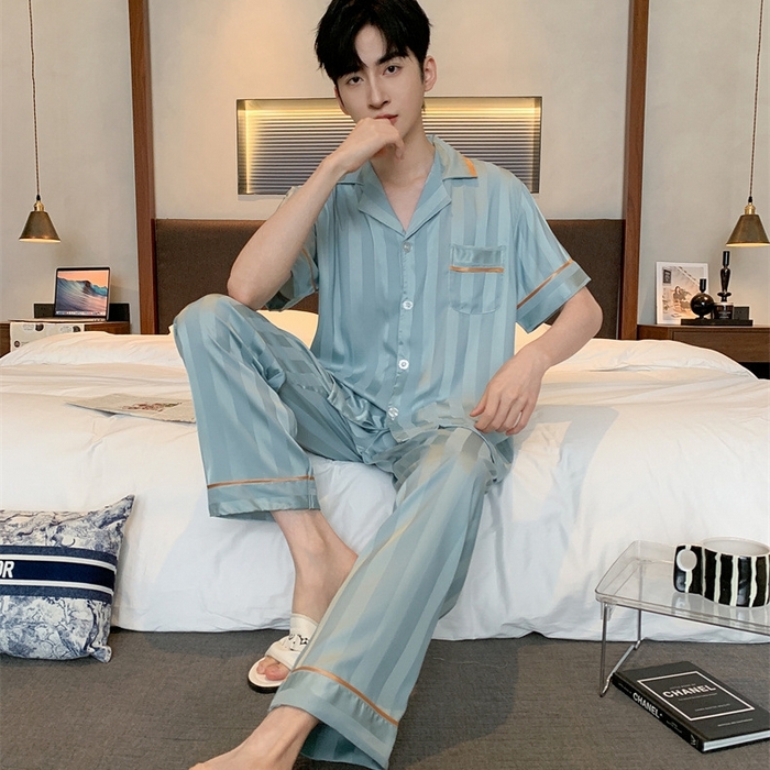 91家纺网 家纺一手货源 找家纺 （总）洛兰沙家居馆【只代发】【只代发】 2025新款男士冰丝高级感睡衣翻领男士宽松款休闲可外出夏季居家