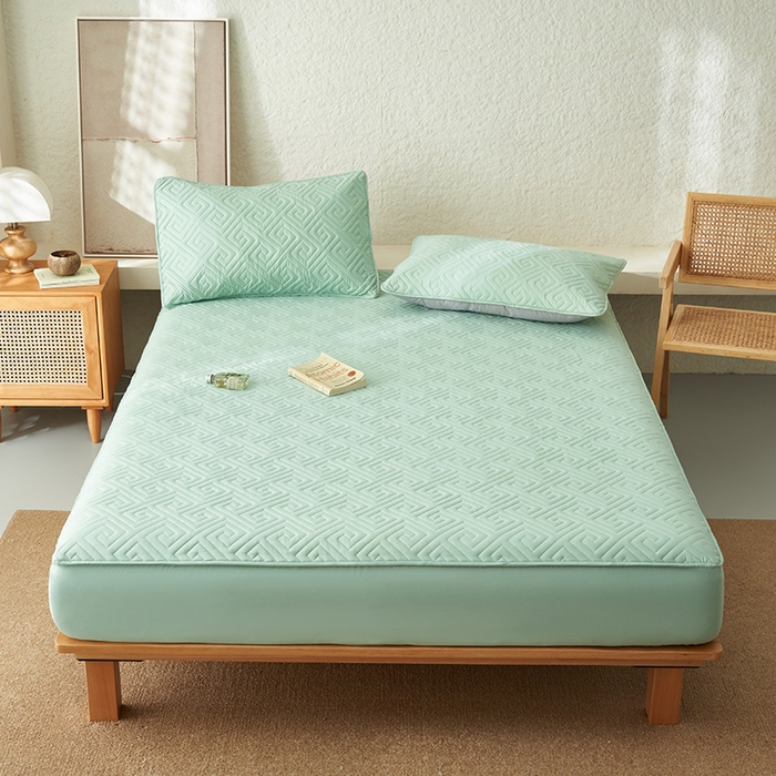 鑫琪莱家纺 2026新款水洗棉绗绣夹棉床笠 夹棉床笠-豆绿