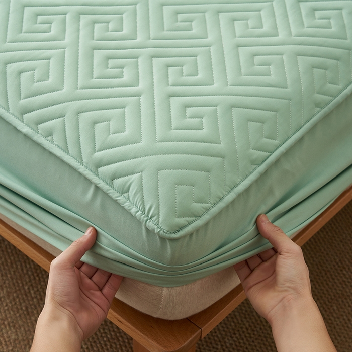 91家纺网 家纺一手货源 找家纺 鑫琪莱家纺 2026新款水洗棉绗绣夹棉床笠 夹棉床笠-豆绿