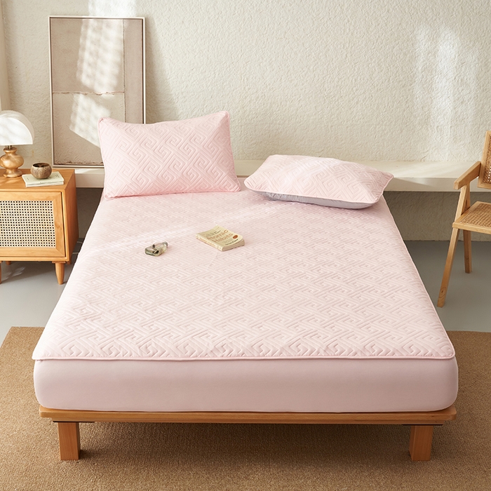 鑫琪莱家纺 2026新款水洗棉绗绣夹棉床笠 夹棉床笠-粉玉