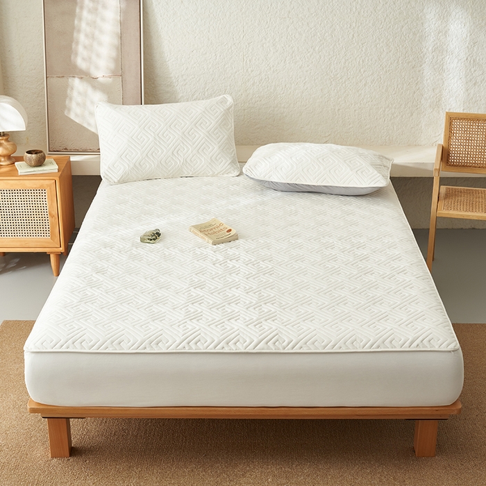 鑫琪莱家纺 2026新款水洗棉绗绣夹棉床笠 夹棉床笠-米白