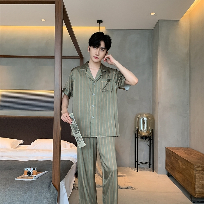 91家纺网 家纺一手货源 找家纺 （总）洛兰沙家居馆【只代发】【只代发】 2025新款男士冰丝高级感睡衣翻领男士宽松款休闲可外出夏季居家