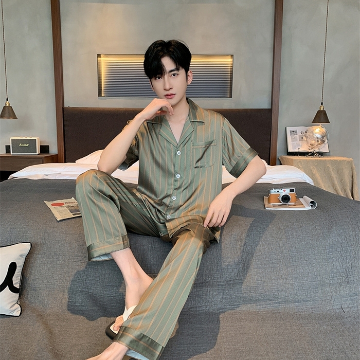 91家纺网 家纺一手货源 找家纺 （总）洛兰沙家居馆【只代发】【只代发】 2025新款男士冰丝高级感睡衣翻领男士宽松款休闲可外出夏季居家