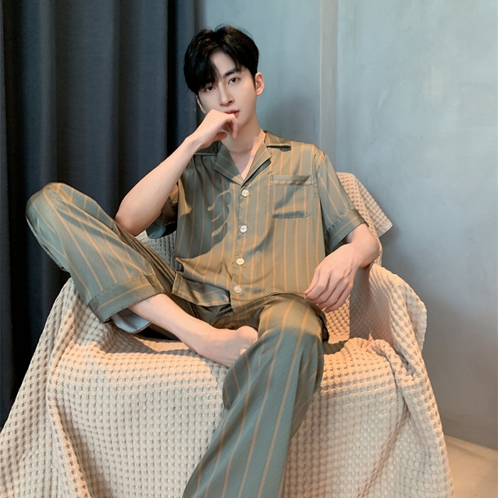 91家纺网 家纺一手货源 找家纺 （总）洛兰沙家居馆【只代发】【只代发】 2025新款男士冰丝高级感睡衣翻领男士宽松款休闲可外出夏季居家