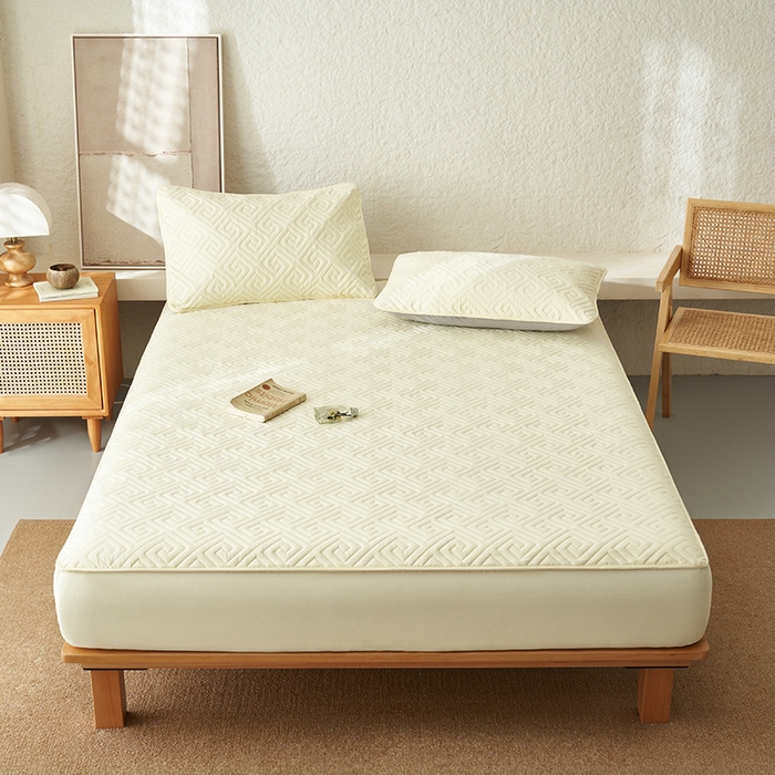 鑫琪莱家纺 2026新款水洗棉绗绣夹棉床笠 夹棉床笠-柠檬黄