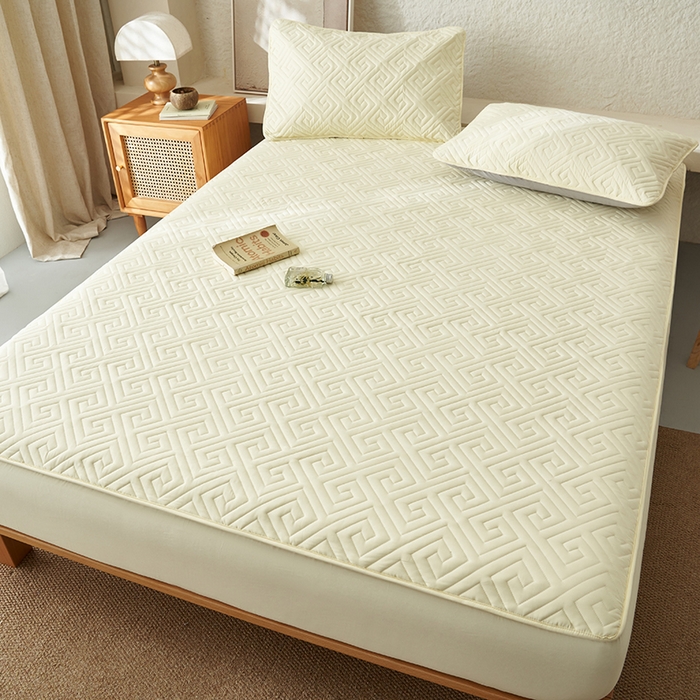 91家纺网 家纺一手货源 找家纺 鑫琪莱家纺 2026新款水洗棉绗绣夹棉床笠 夹棉床笠-柠檬黄