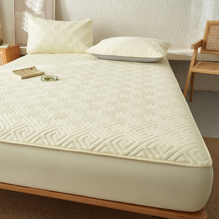 91家纺网 家纺一手货源 找家纺 鑫琪莱家纺 2026新款水洗棉绗绣夹棉床笠 夹棉床笠-柠檬黄