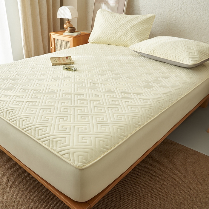 91家纺网 家纺一手货源 找家纺 鑫琪莱家纺 2026新款水洗棉绗绣夹棉床笠 夹棉床笠-柠檬黄