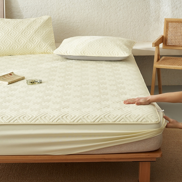 91家纺网 家纺一手货源 找家纺 鑫琪莱家纺 2026新款水洗棉绗绣夹棉床笠 夹棉床笠-柠檬黄