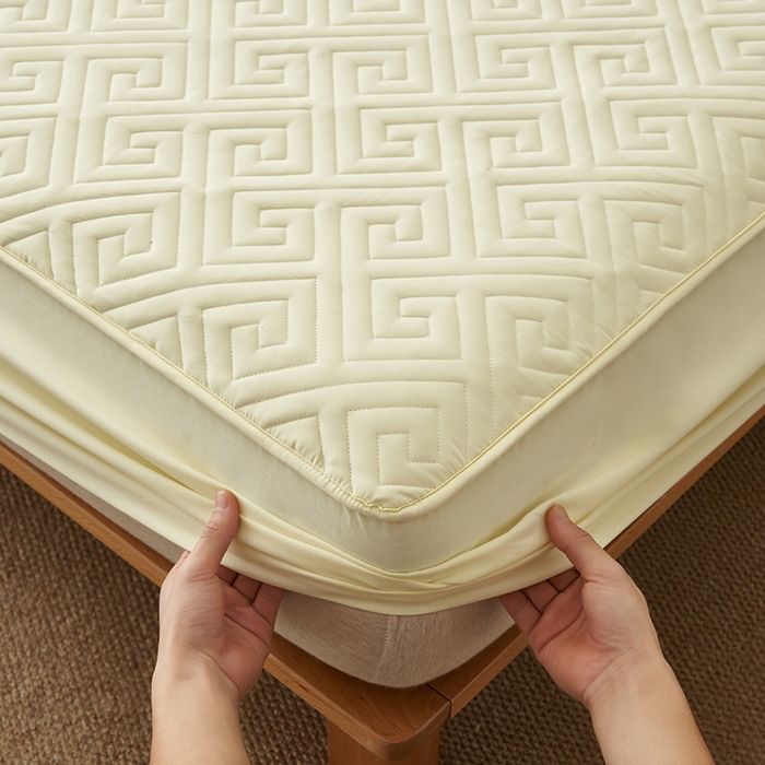 91家纺网 家纺一手货源 找家纺 鑫琪莱家纺 2026新款水洗棉绗绣夹棉床笠 夹棉床笠-柠檬黄