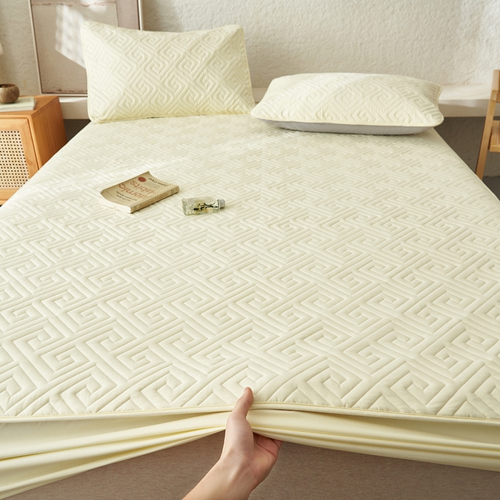 91家纺网 家纺一手货源 找家纺 鑫琪莱家纺 2026新款水洗棉绗绣夹棉床笠 夹棉床笠-柠檬黄