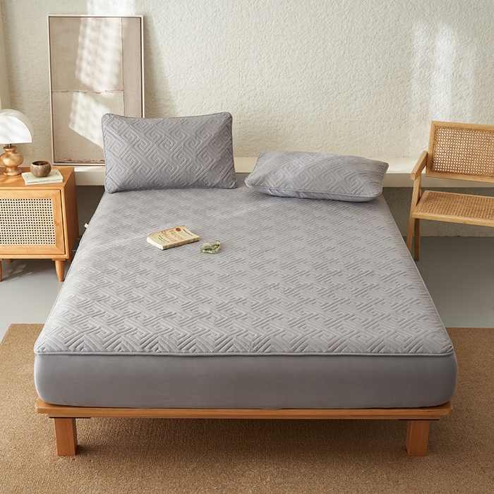 鑫琪莱家纺 2026新款水洗棉绗绣夹棉床笠 夹棉床笠-浅灰